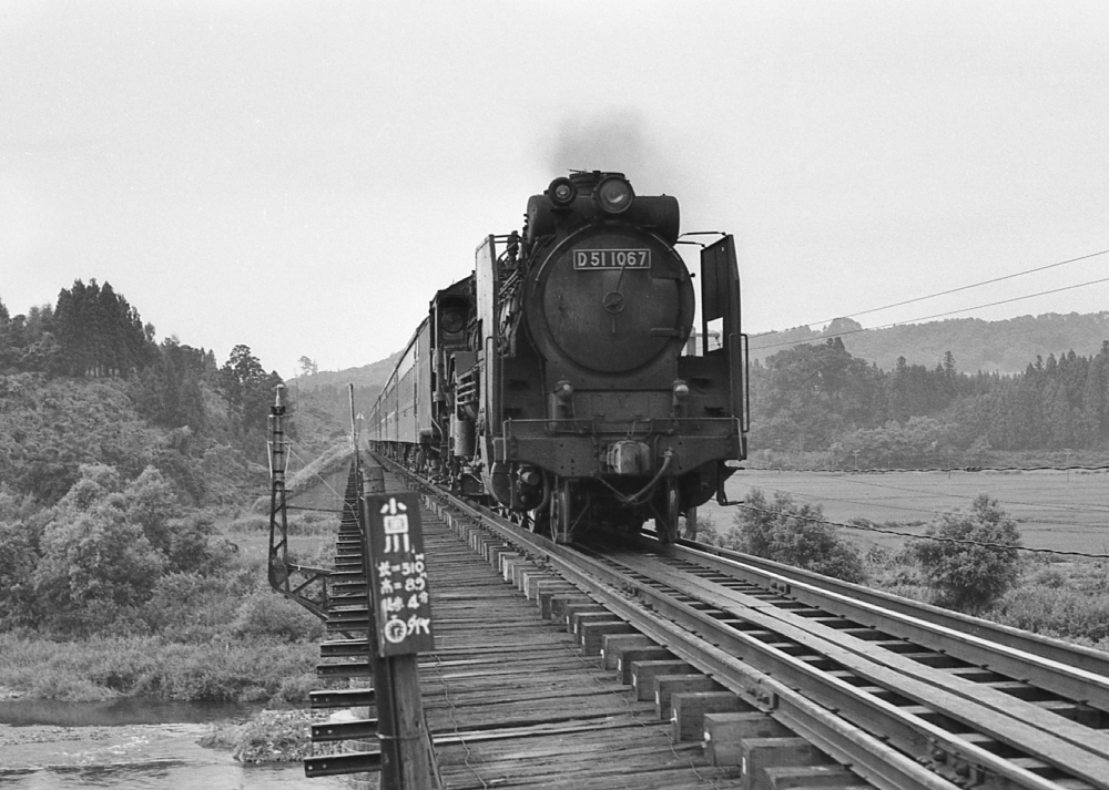 『小国川橋梁を渡る』 臨客 D511067 奥羽本線舟形 1971.8.8