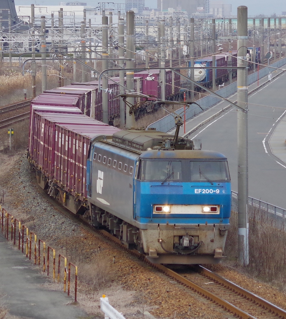 『ポールの林を抜け出して』 1062列車 EF200-9 稲沢 2014.1.12